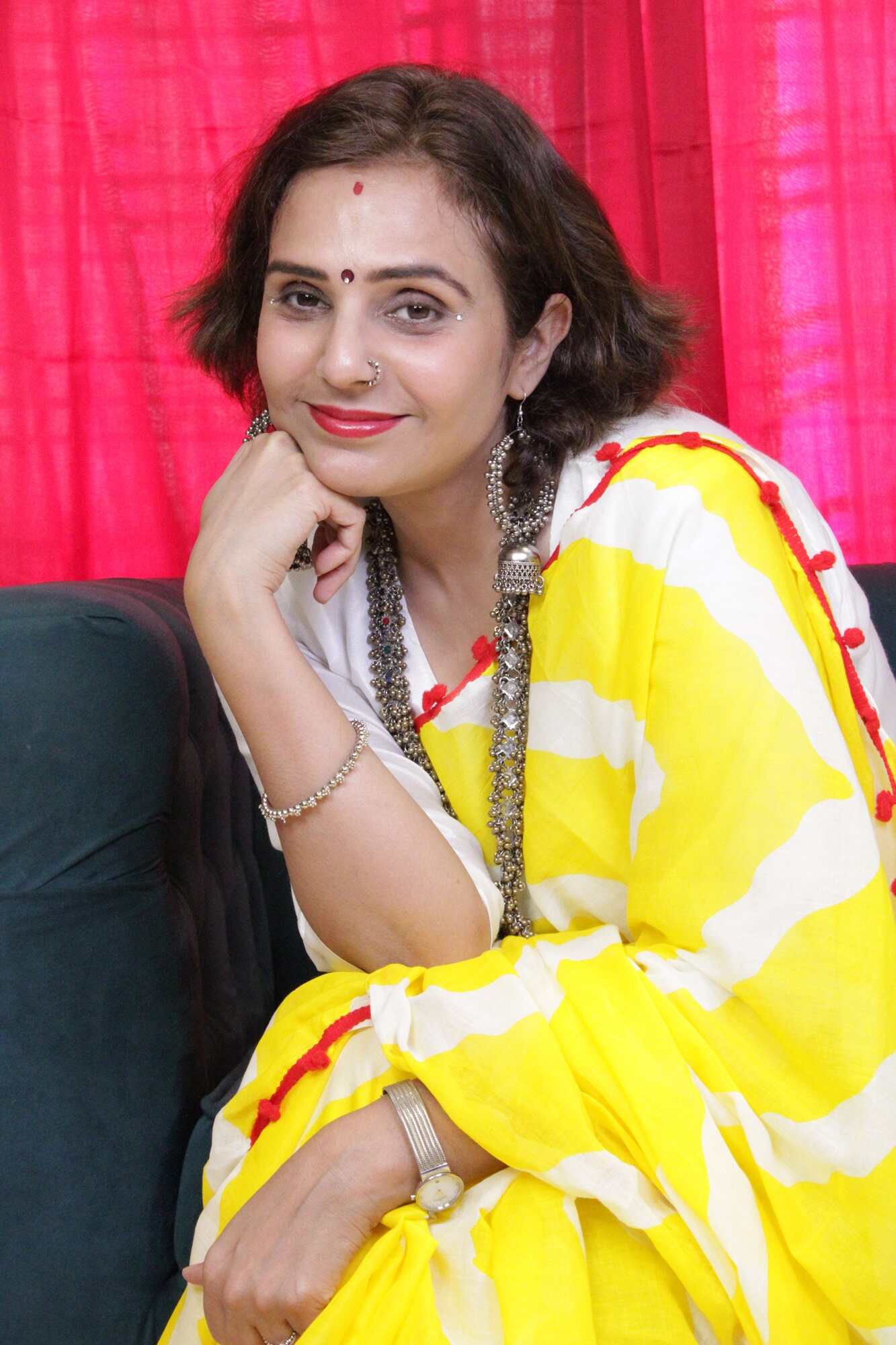 YELLOW AND WHITE COTTON MUL MUL PRINTED SAREE WITH POMPOM - Image 10