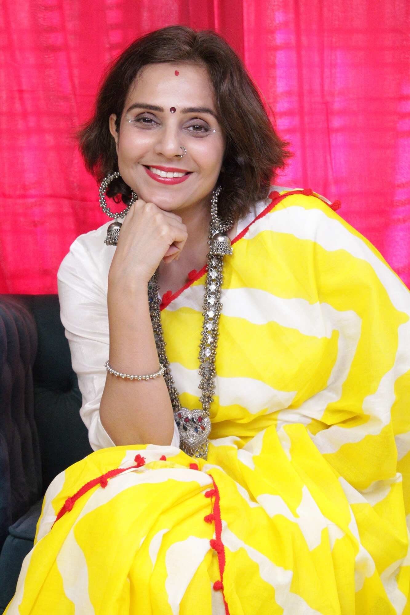 YELLOW AND WHITE COTTON MUL MUL PRINTED SAREE WITH POMPOM - Image 12