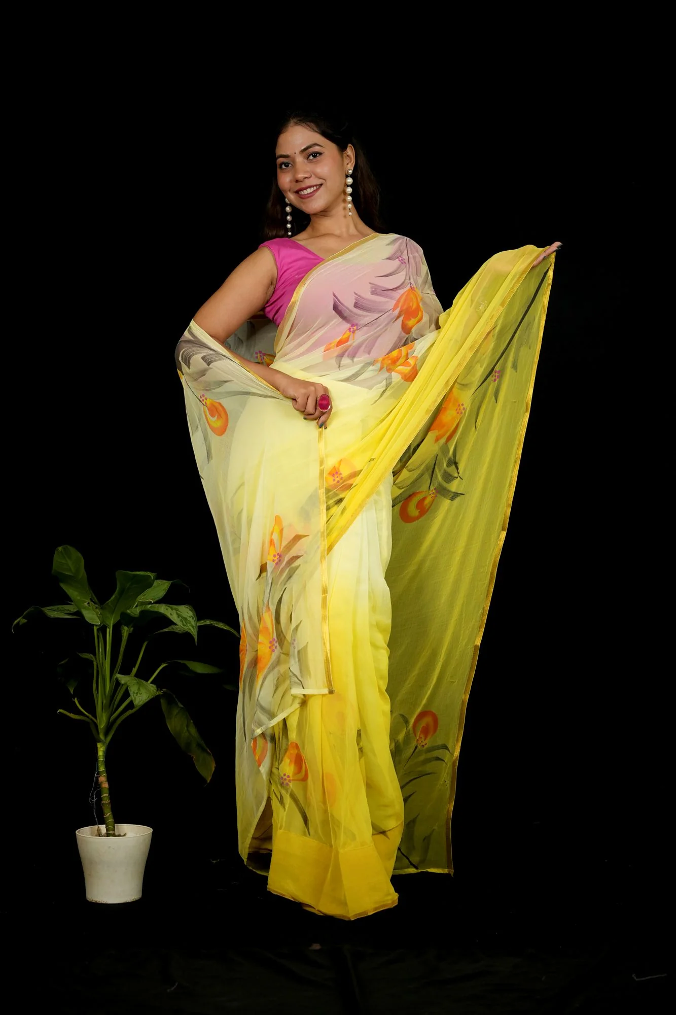 Yellow Chiffon with Hand-Painted Floral Elegance Ready To Wear Saree - Image 5