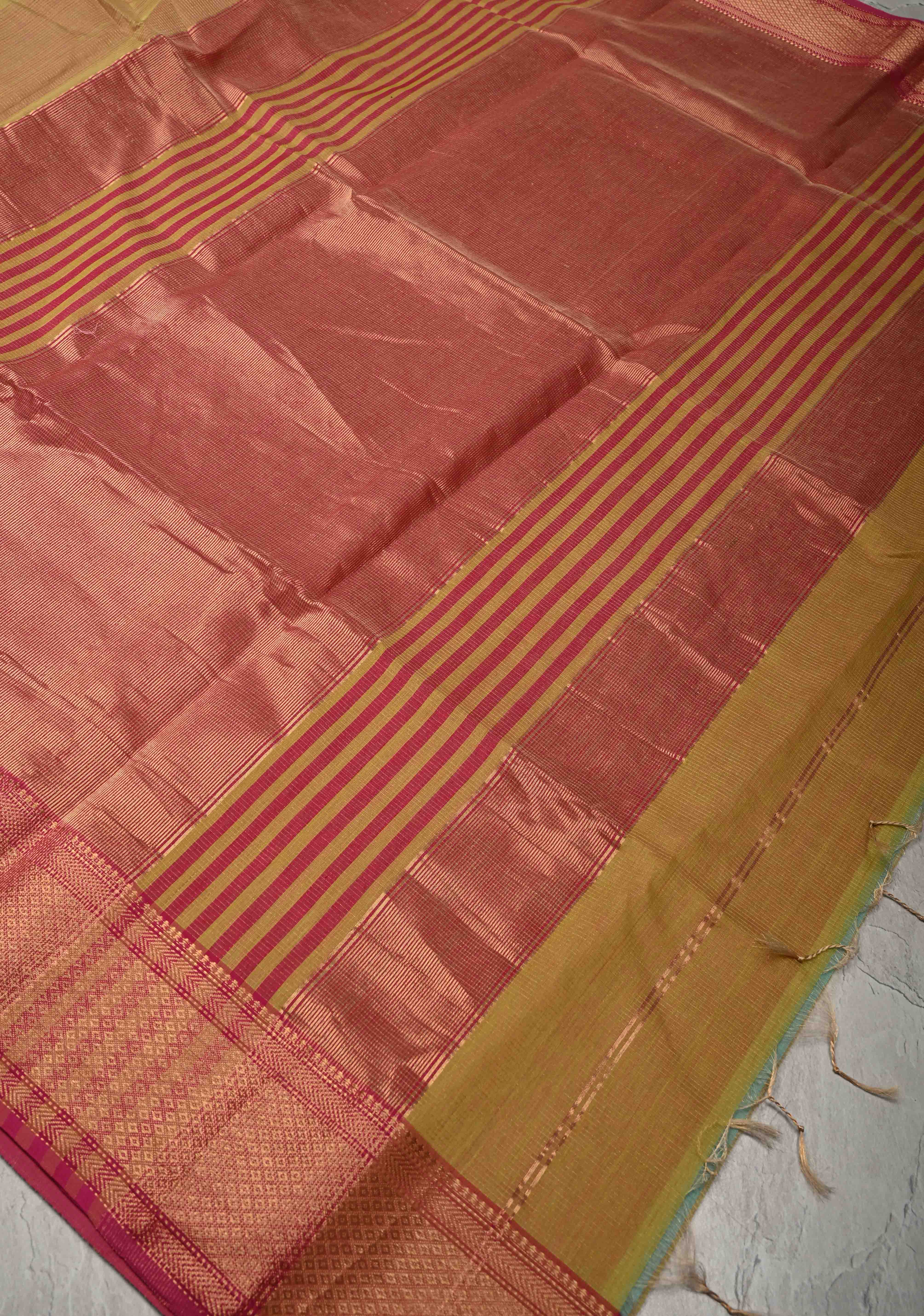 Yellow Handwoven Maheshwari Silk Cotton Saree with Tissue Checks and Contrast Zari Border | Shobitam - Image 9