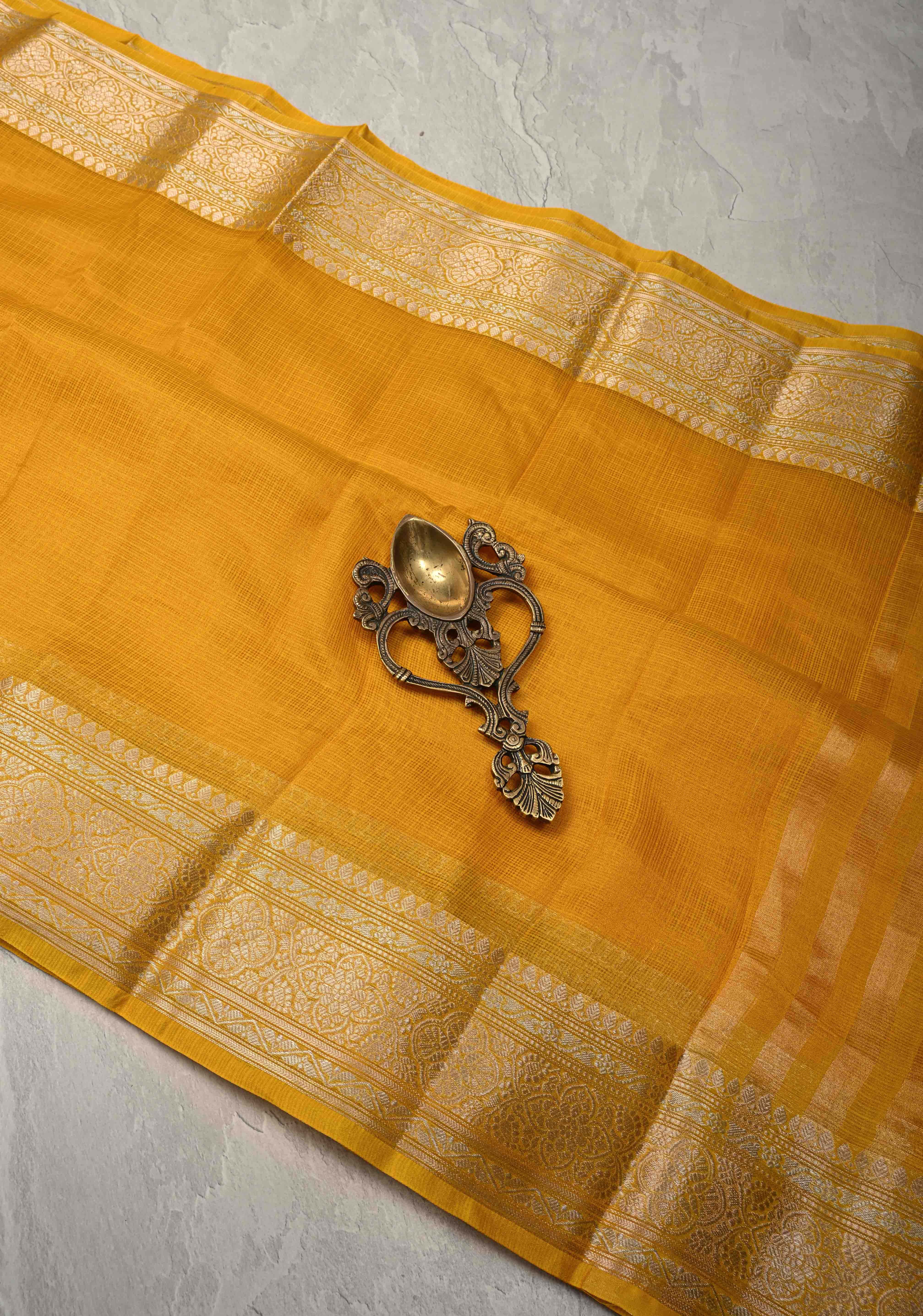 Yellow Kota Doria Tissue Cotton Saree with Sona Rupa Zari Border | Shobitam - Image 3