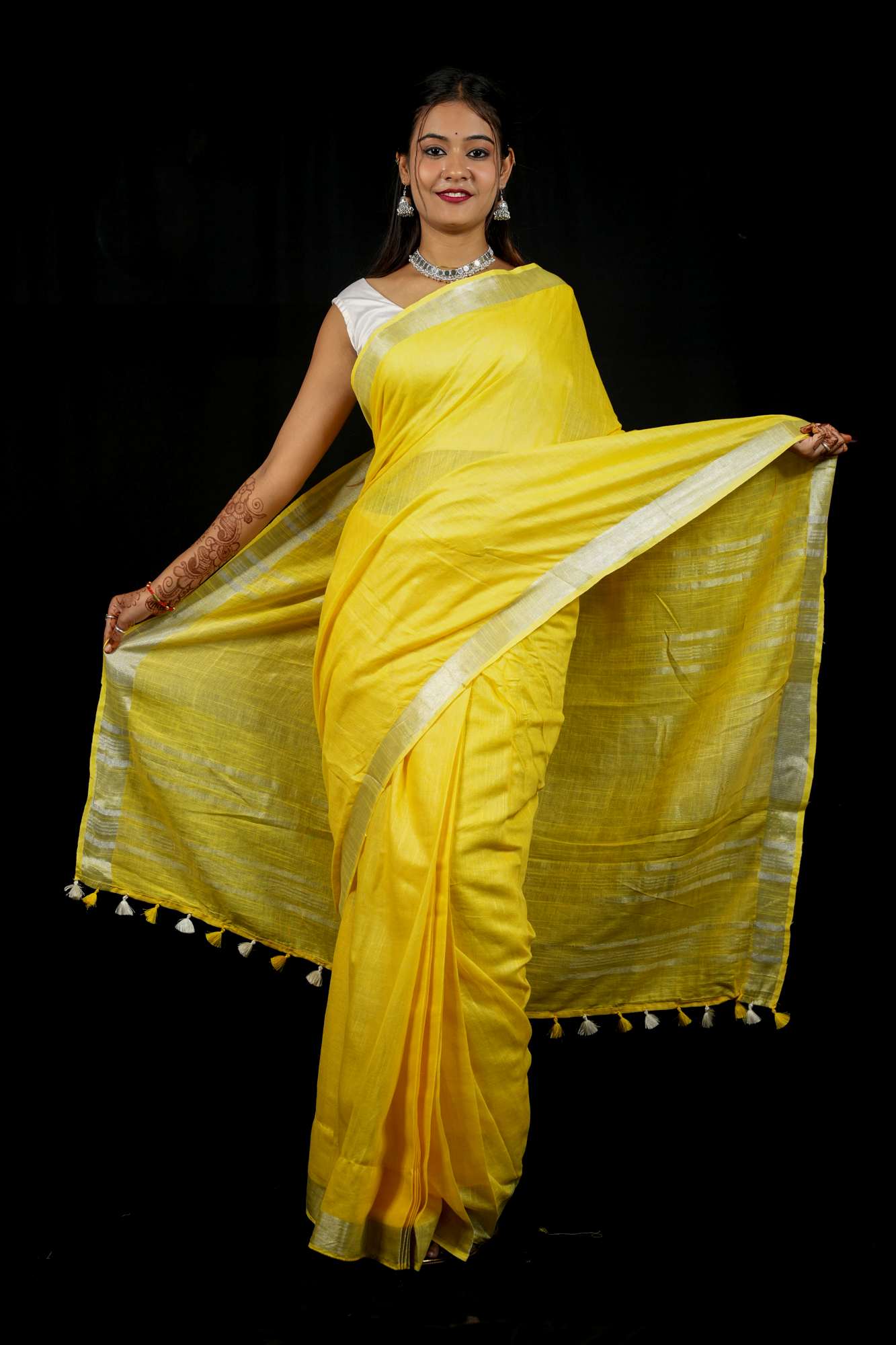 Yellow Linen Cotton with Handloom Weave Ready to Wear Saree - Image 2
