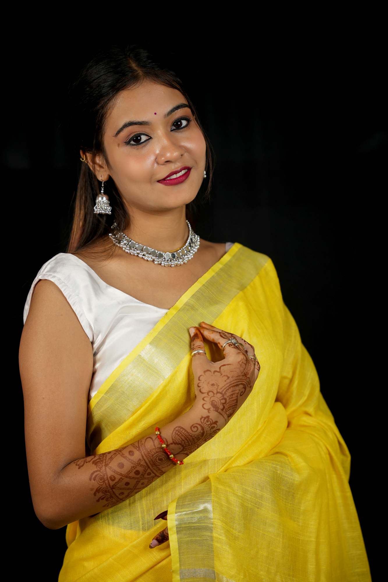 Yellow Linen Cotton with Handloom Weave Ready to Wear Saree - Image 6