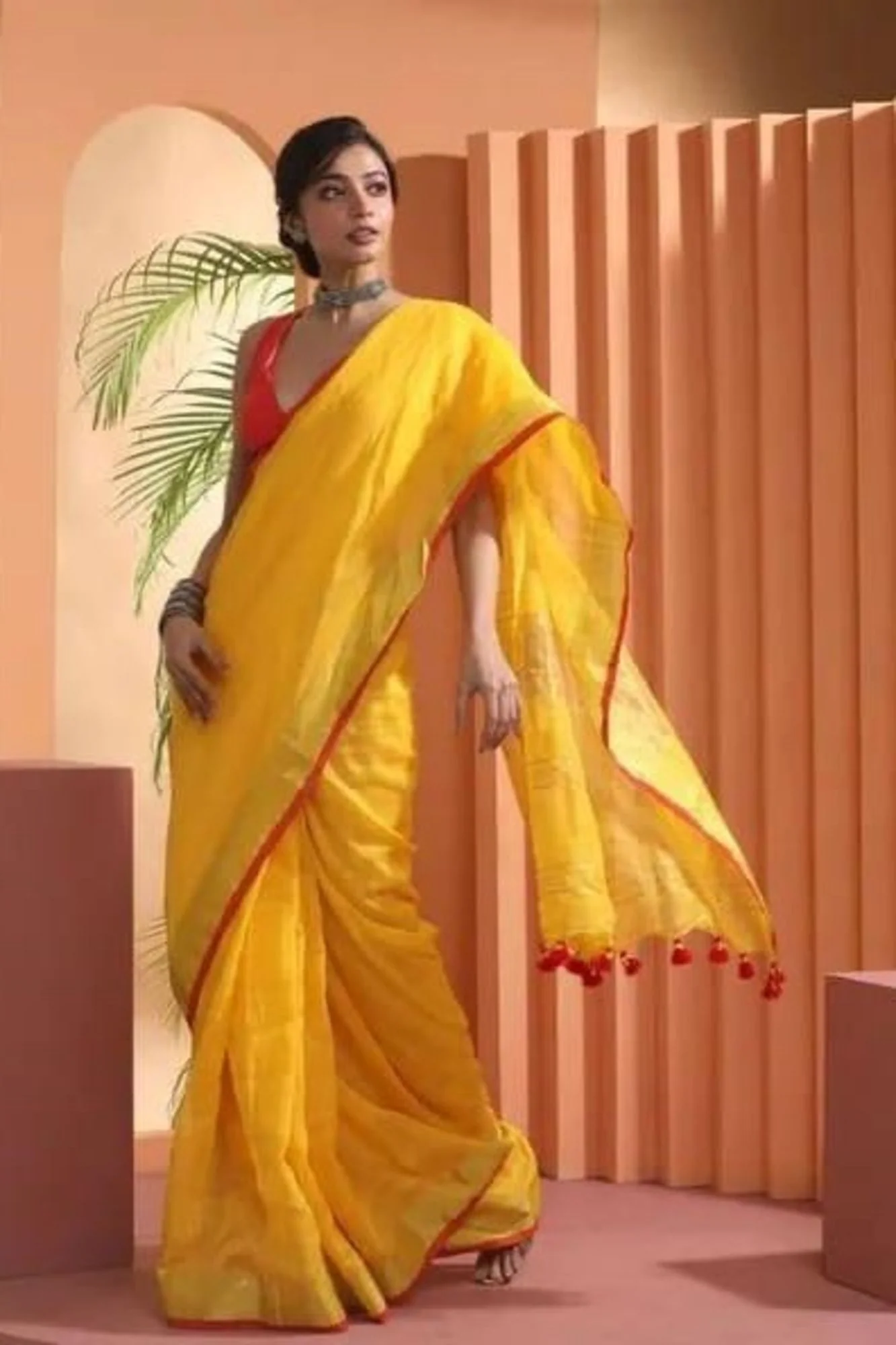 Pure Linen Ready to Wear Saree with striking red border - Image 10