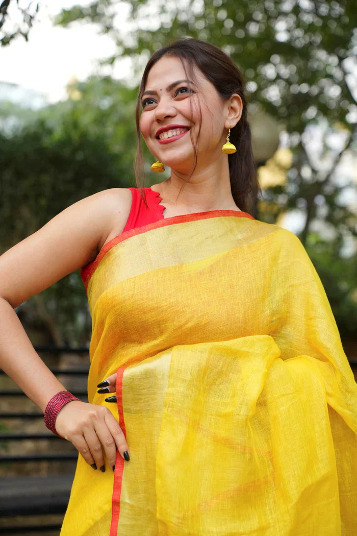 Yellow Pure Linen Ready to Wear Saree with striking red border - Image 8
