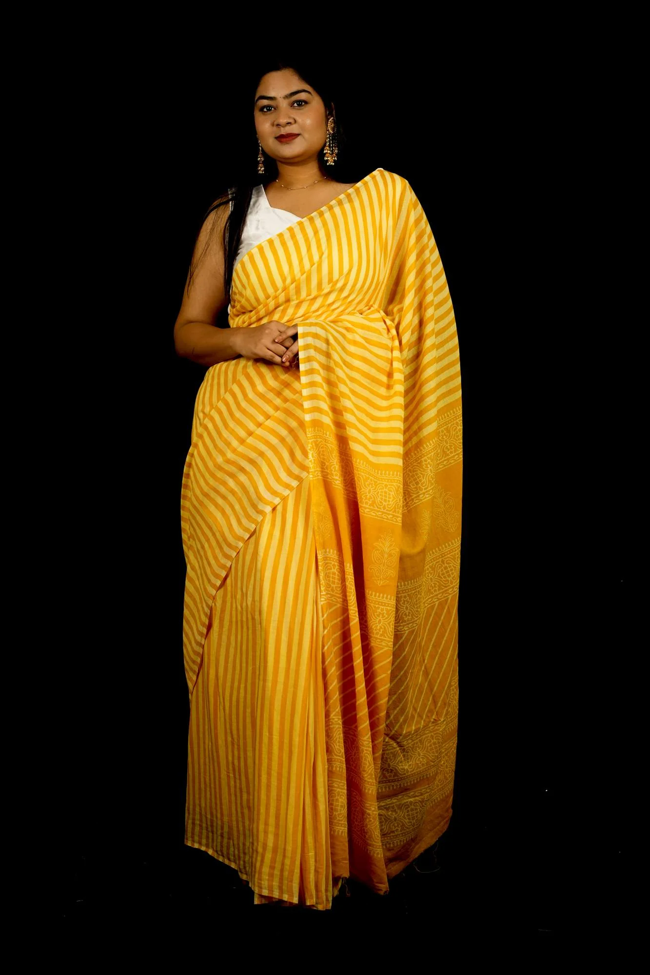 Yellow & White Striped Mulmul Cotton Handloom Ready To Wear Saree - Image 2