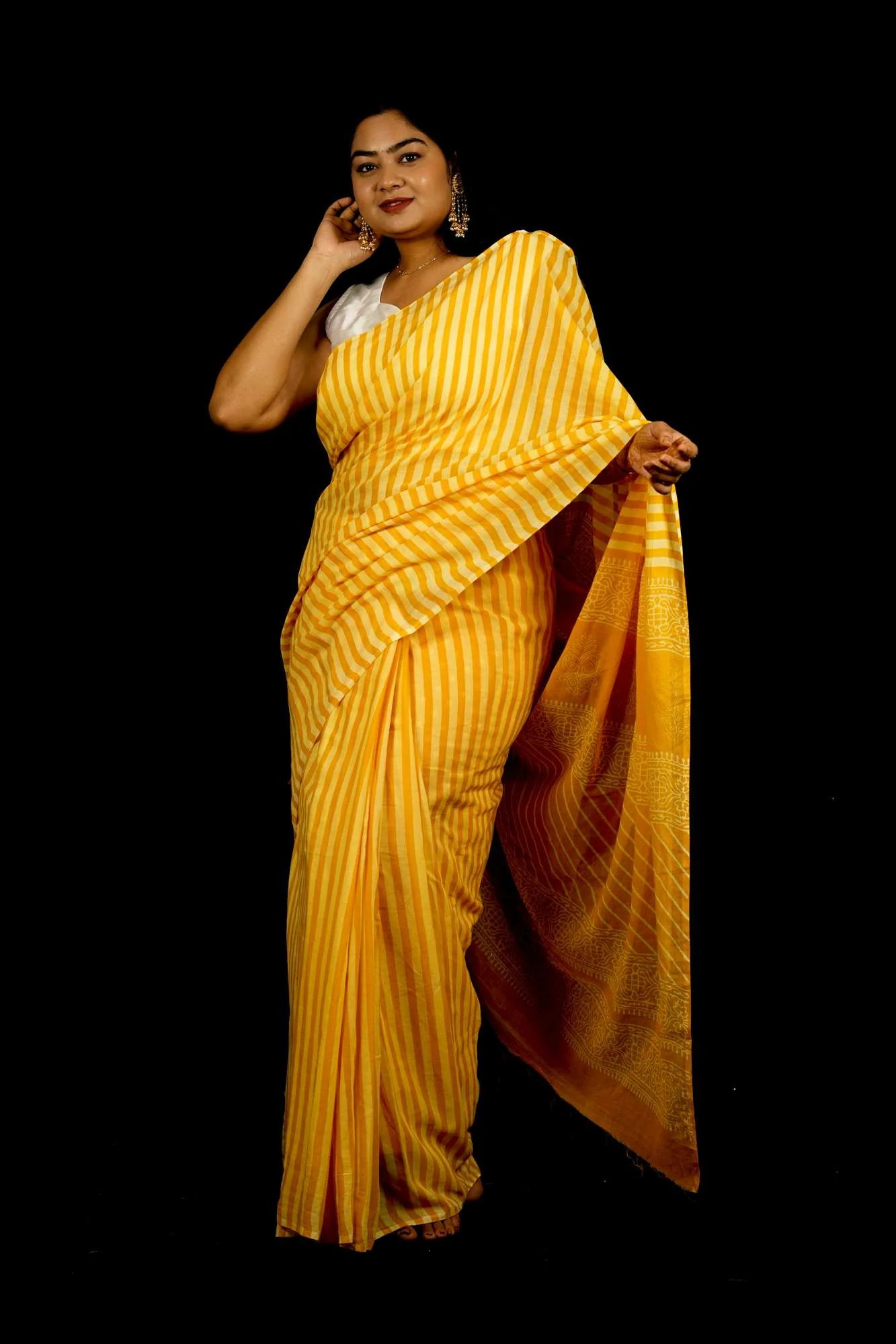 Yellow & White Striped Mulmul Cotton Handloom Ready To Wear Saree - Image 4