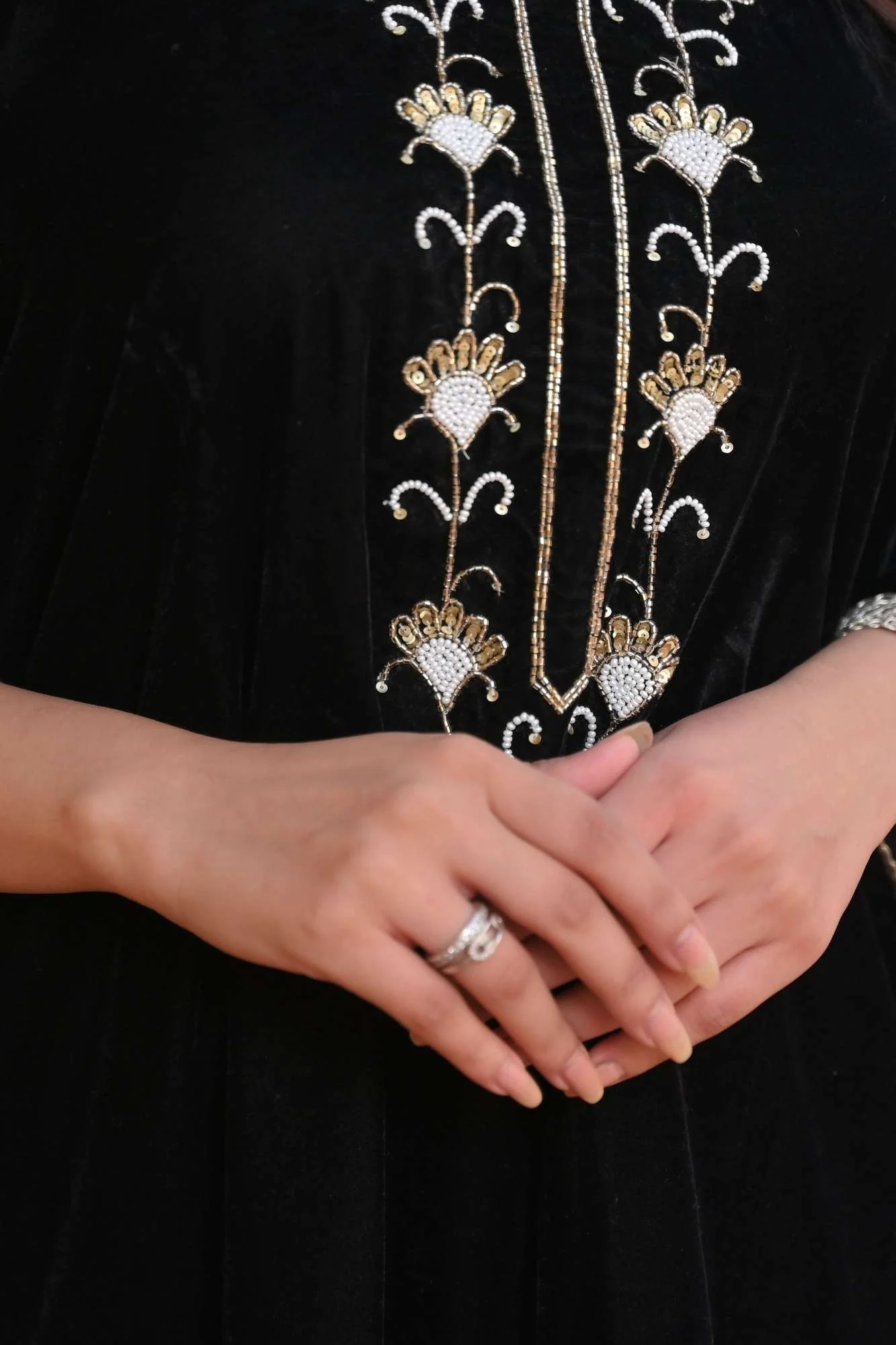 Zeenat Velvet Kaftan with lace border detailing in Black | Made To Order - Image 6